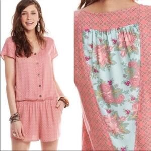 NWT Matilda Jane Pink/Aqua Floral Button Short Sleeves Cottagecore Romper Medium